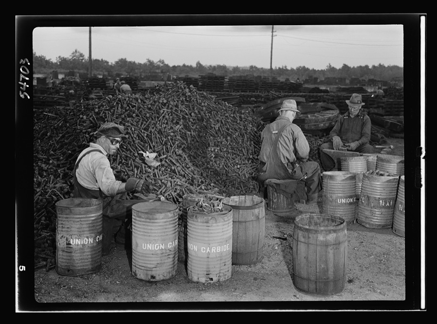 Boston and Maine railroad shops at Billerica, Massachusetts. Tremendous piles of spikes will be sorted out according to size and put away in kegs for salvage purposes