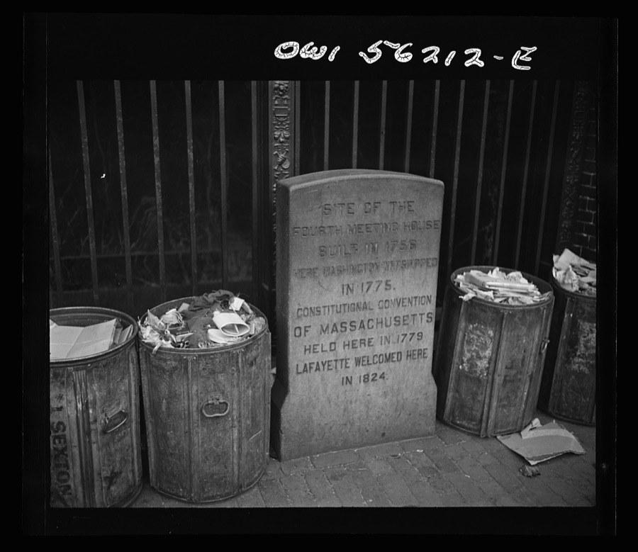 Cambridge, Massachusetts. Historical marker with trash cans