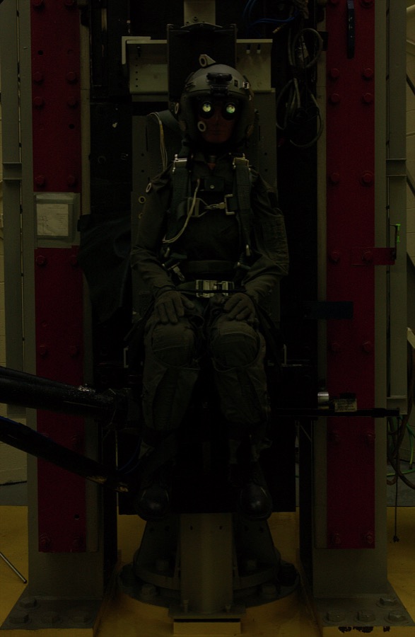 Lois (or Lightest Occupant In Service) the test dummy withstands a 10-G impact in a helmet with night-vision goggles on February 11, 2003 at a testing facility at Wright-Patterson Air Force Base in Dayton, Ohio