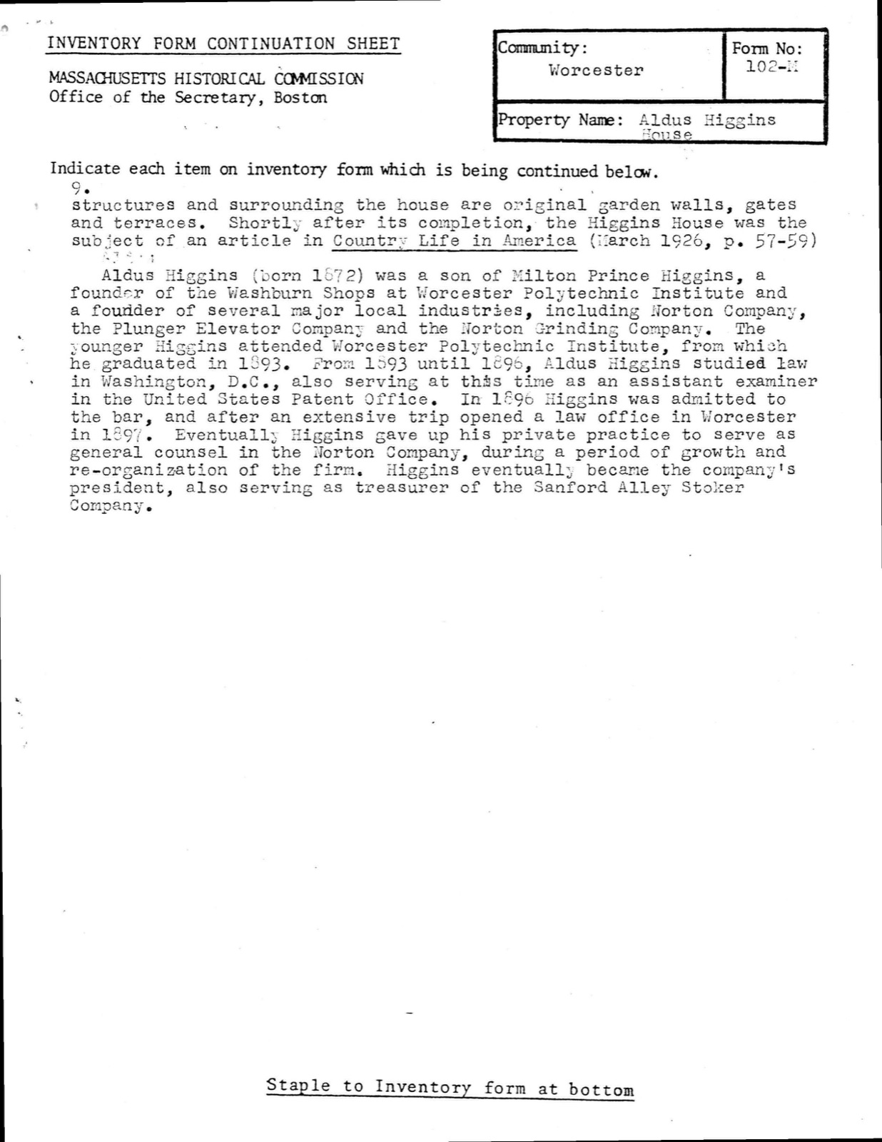 Higgins, Aldus Chapin, House, photograph from the federal nomination