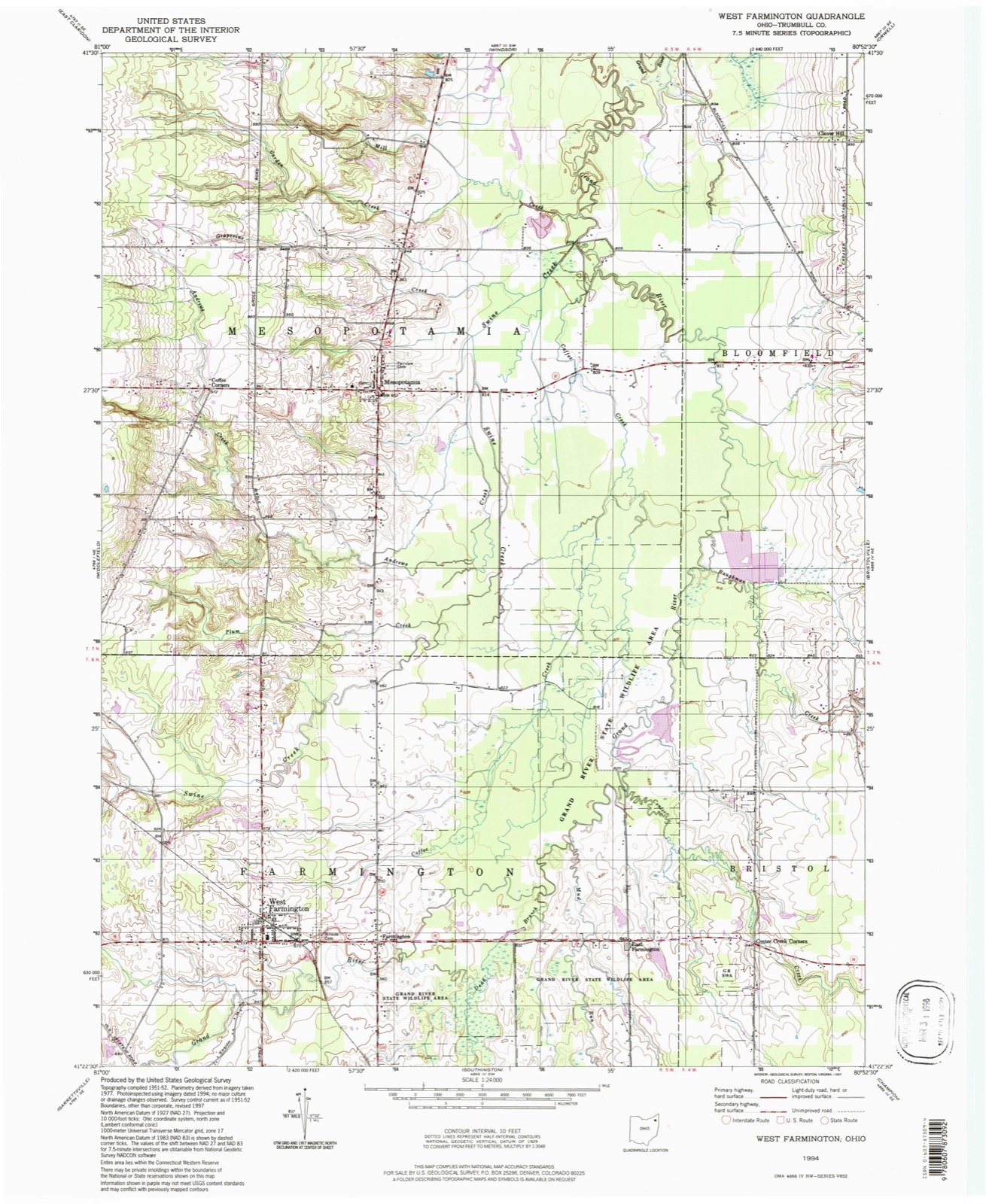 Topographic sheet of East Farmington, surveyed 1994