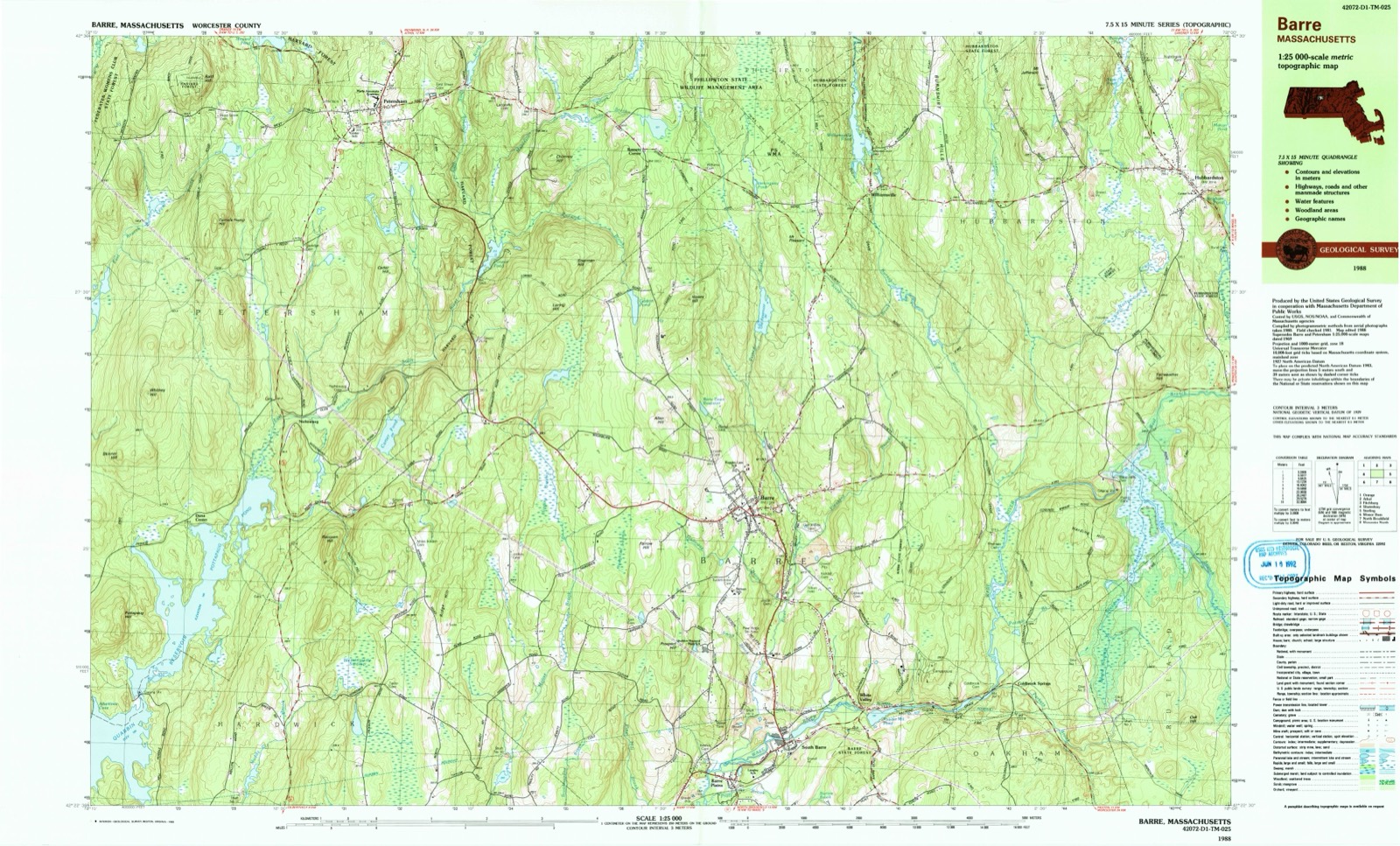 Topographic sheet of Coldbrook Springs, surveyed 1988