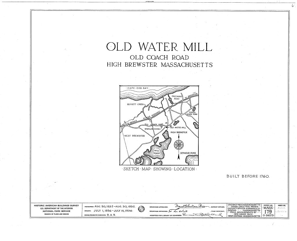 Stony Brook Mill, Old Coach Road, Brewster, Barnstable County, MA, measured drawing filed with the federal survey