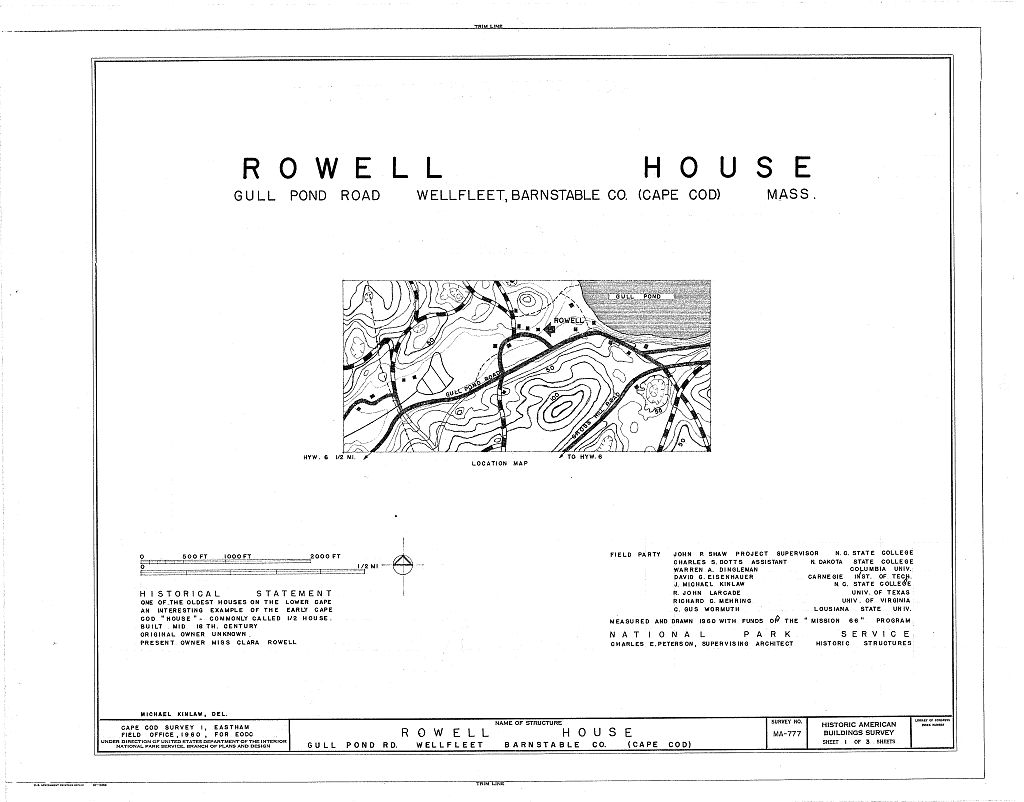 Rowell House, Gull Pond Road, Wellfleet, Barnstable County, MA, measured drawing filed with the federal survey