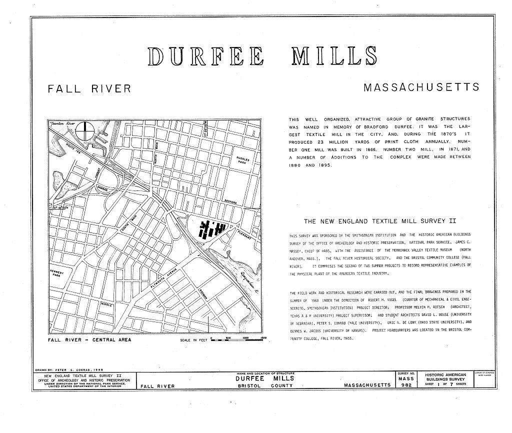 Durfee Mills, Plymouth Avenue & Pleasant Street, Fall River, Bristol County, MA, measured drawing filed with the federal survey