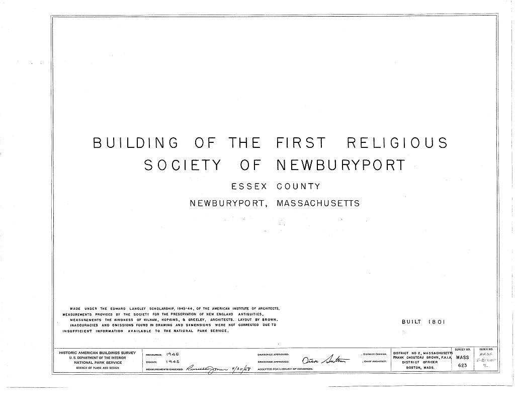 Meetinghouse of First Religious Society, Pleasant Street, Newburyport, Essex County, MA, measured drawing filed with the federal survey