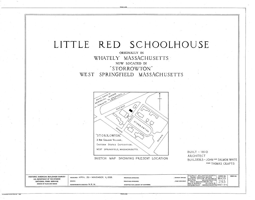 Little Red Schoolhouse, Eastern States Exposition Grounds (moved from Whatley, Franklin County, MA), West Springfield, Hampden County, MA, measured drawing filed with the federal survey