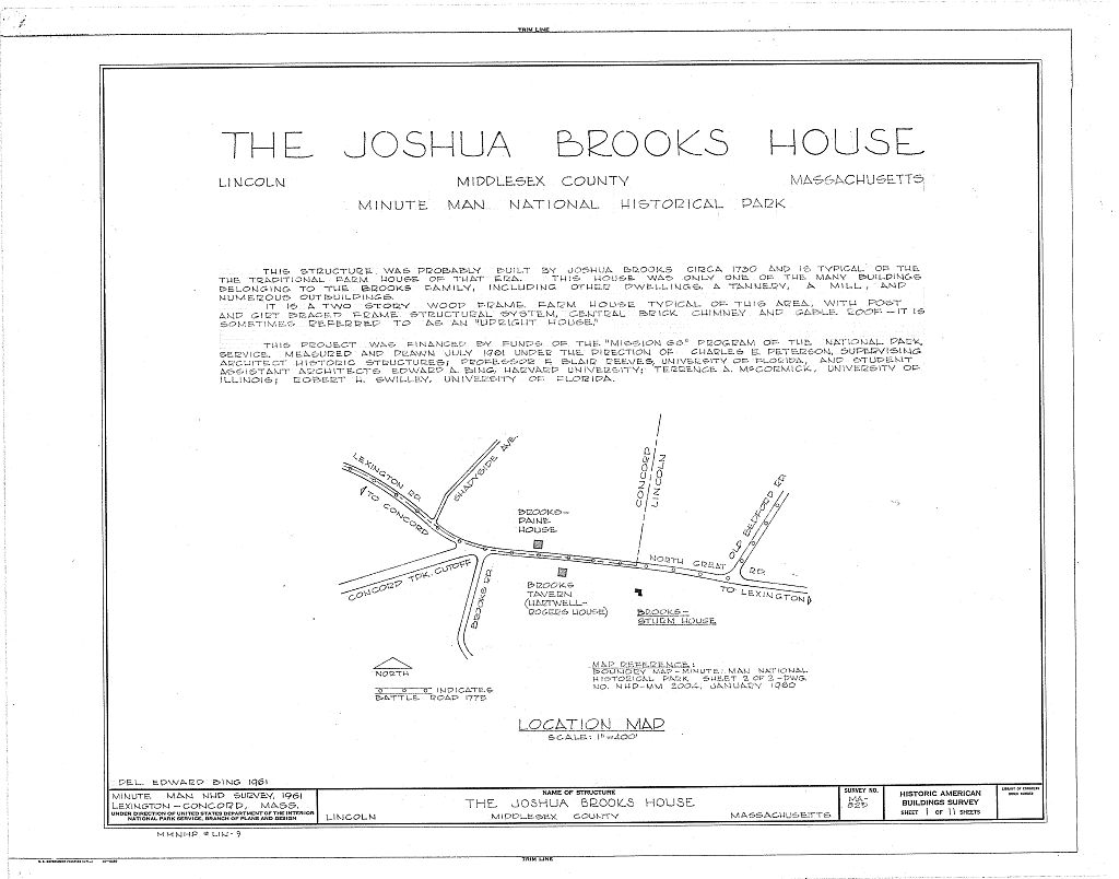 Joshua Brooks House, North Great Road (State Route 2A), Lincoln, Middlesex County, MA, measured drawing filed with the federal survey