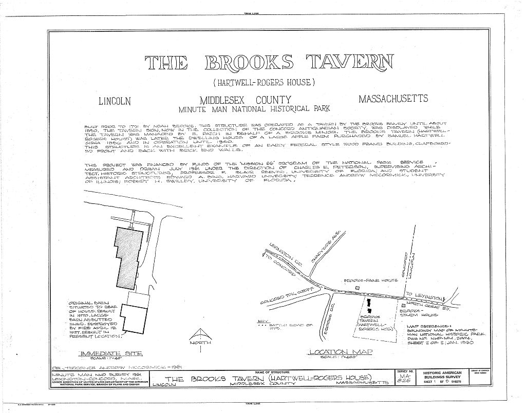 Noah Brooks Tavern, 33 North Great Road (State Route 2A), Lincoln, Middlesex County, MA, measured drawing filed with the federal survey