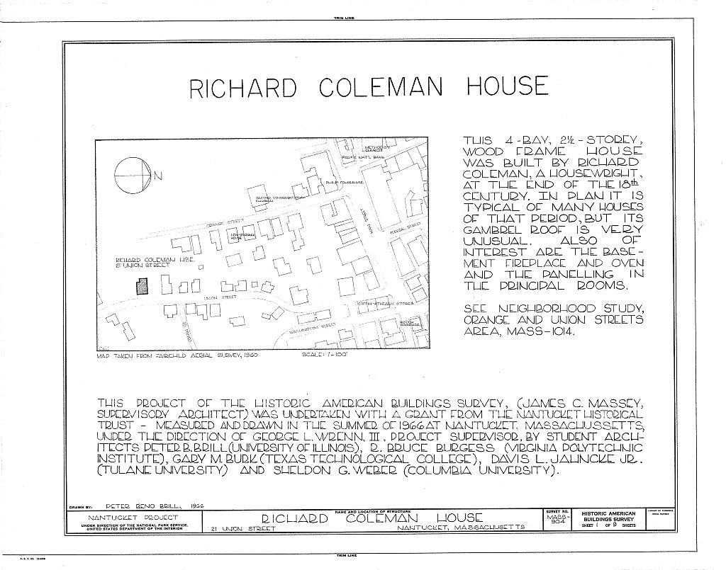 Richard Coleman House, 21 Union Street, Nantucket, Nantucket County, MA, measured drawing filed with the federal survey