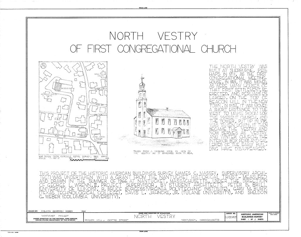 First Congregational Church (North Vestry), Beacon Hill, Centre Street, Nantucket, Nantucket County, MA, measured drawing filed with the federal survey