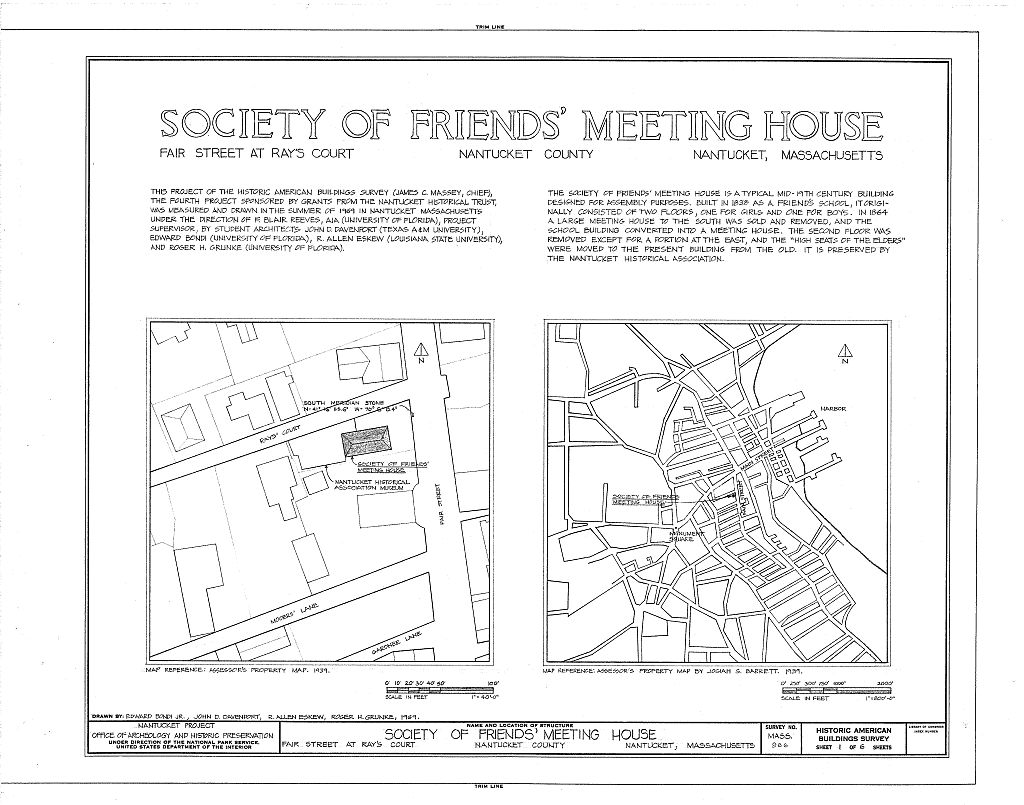 Society of Friends Meetinghouse, Fair Street, Nantucket, Nantucket County, MA, measured drawing filed with the federal survey