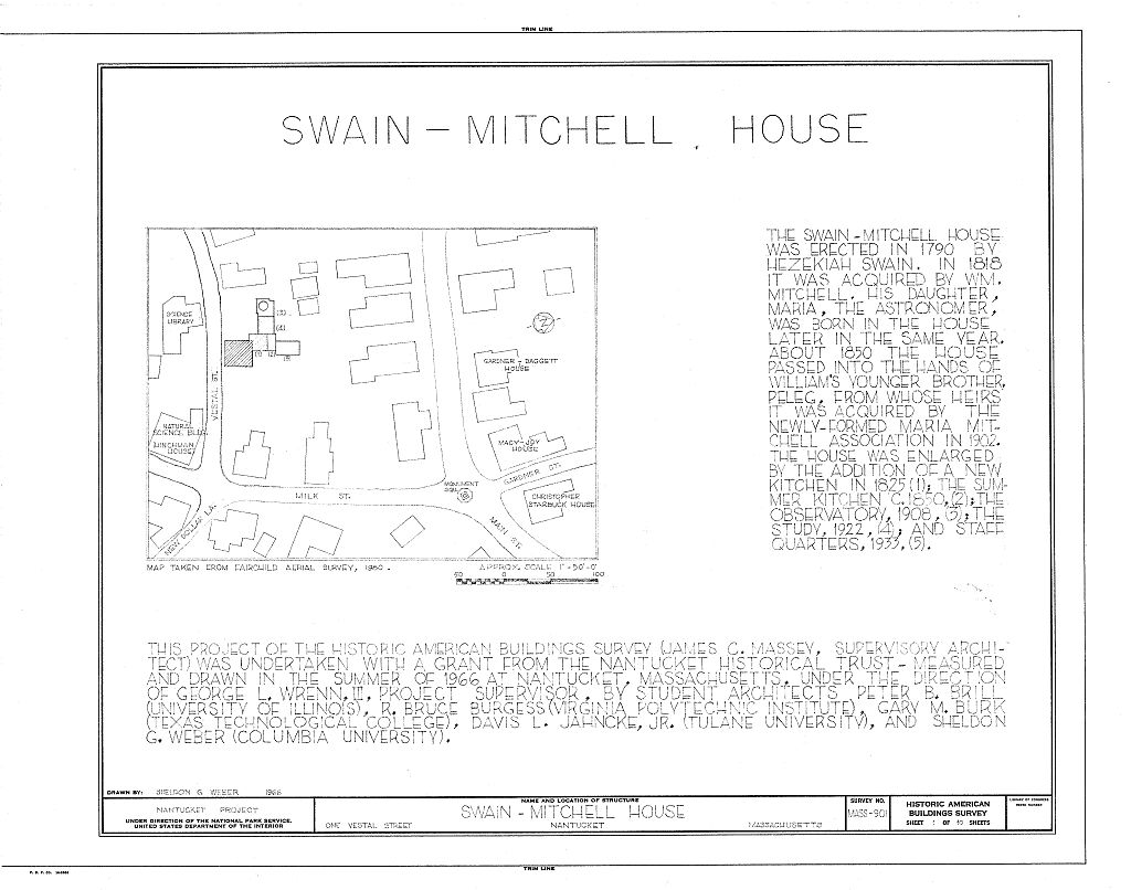 Swain-Mitchell House, 1 Vestal Street, Nantucket, Nantucket County, MA, measured drawing filed with the federal survey