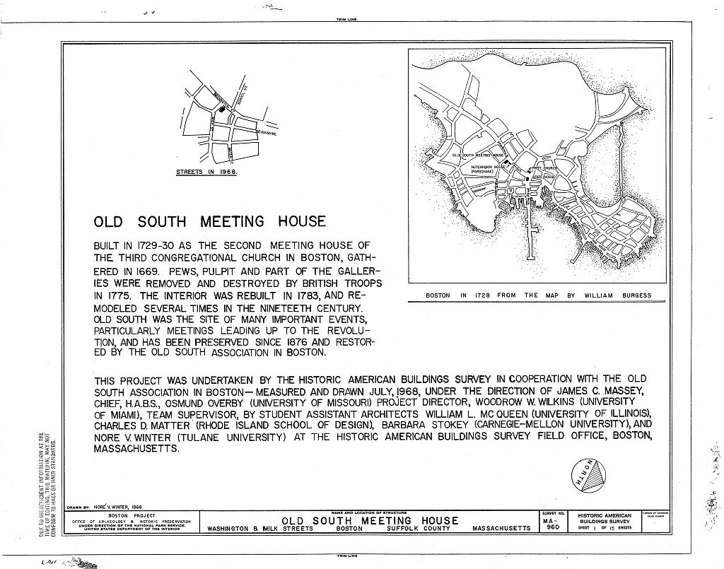 Old South Meetinghouse, Washington & Milk Streets, Boston, Suffolk County, MA, measured drawing filed with the federal survey