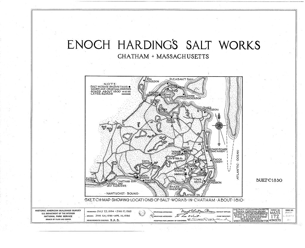Enoch Harding Salt Works, Buck's Creek, West Chatham, Barnstable County, MA, measured drawing filed with the federal survey