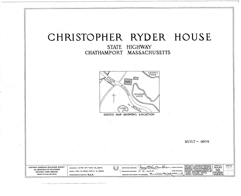 Christopher Ryder House, Ryder's Cove vicinity, Chatham Port, Barnstable County, MA, measured drawing filed with the federal survey