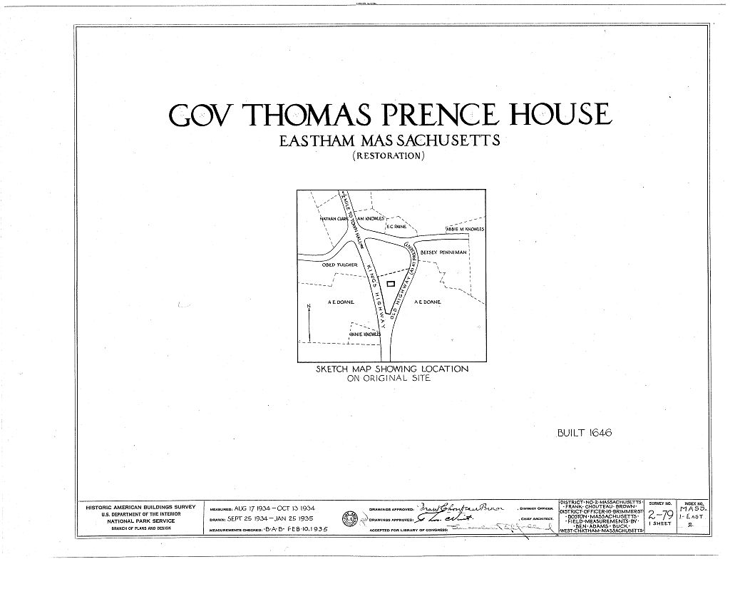 Governor Thomas Prence House, King's Highway (U.S. Route 6), Eastham, Barnstable County, MA, measured drawing filed with the federal survey