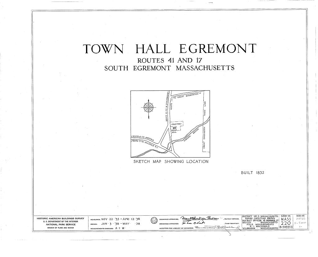 Town Hall, State Routes 41 & 17, South Egremont, Berkshire County, MA, measured drawing filed with the federal survey