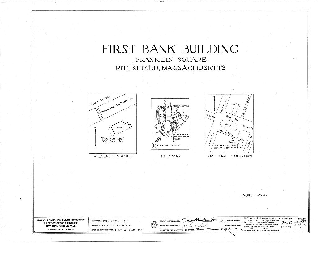First Bank Building, 800 East Street (moved from original Pittsfield site), Pittsfield, Berkshire County, MA, measured drawing filed with the federal survey