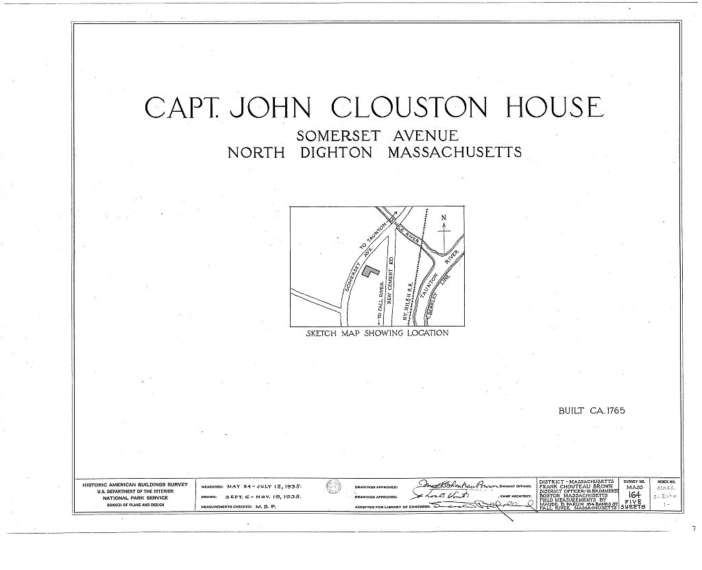 Captain John Clouston House, Somerset Avenue, North Dighton, Bristol County, MA, measured drawing filed with the federal survey