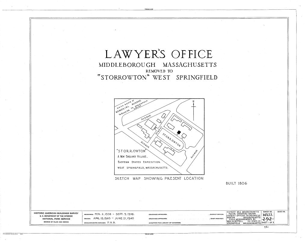 Lawyer's Office, "Storrowton" (moved from Middleboro, MA), West Springfield, Hampden County, MA, measured drawing filed with the federal survey