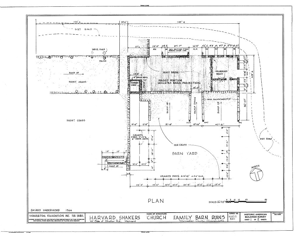 Shaker Church Family Barn (Ruins), Shaker Road vicinity, Harvard, Worcester County, MA, measured drawing filed with the federal survey
