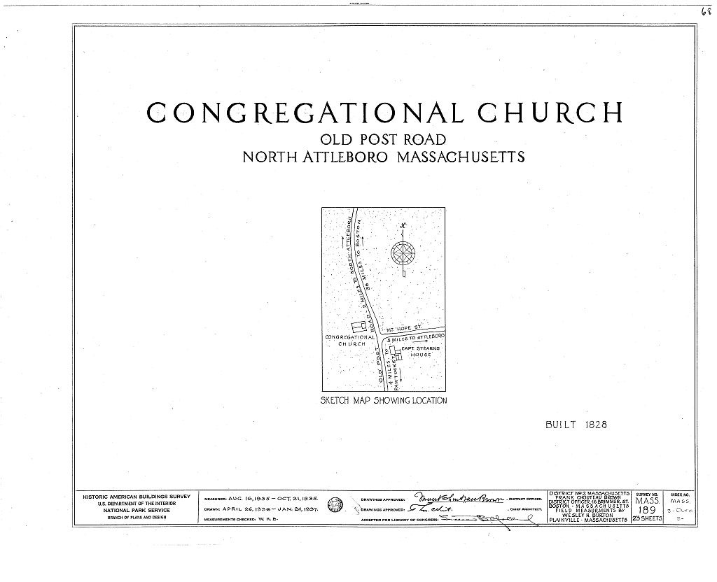 Congregational Church, Old Post Road, North Attleboro, Bristol County, MA, measured drawing filed with the federal survey