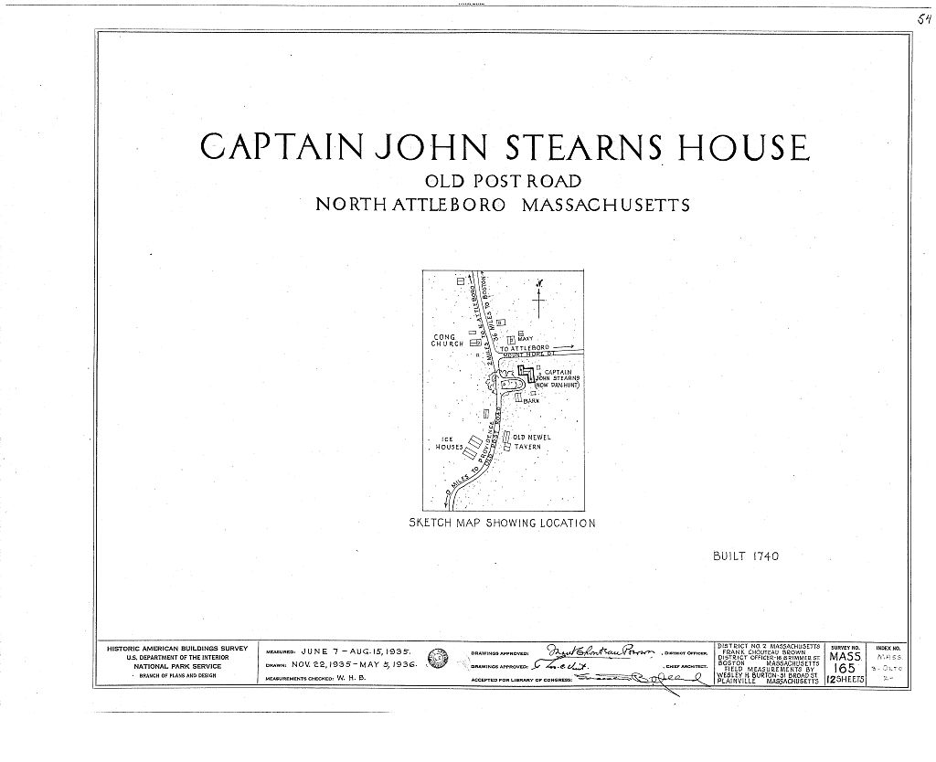 Captain John Stearns House, Old Post Road, Oldtown, North Attleboro, Bristol County, MA, measured drawing filed with the federal survey