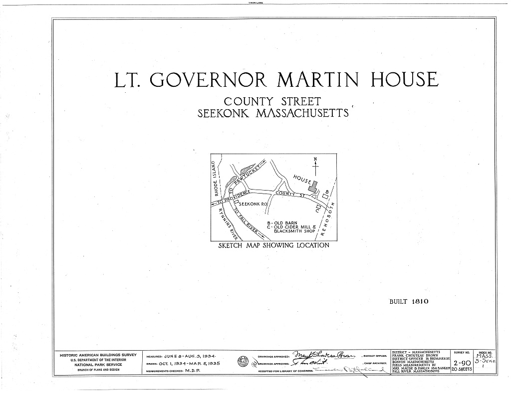 Lieutenant Governor Simeon Martin House, County Street, Seekonk, Bristol County, MA, measured drawing filed with the federal survey