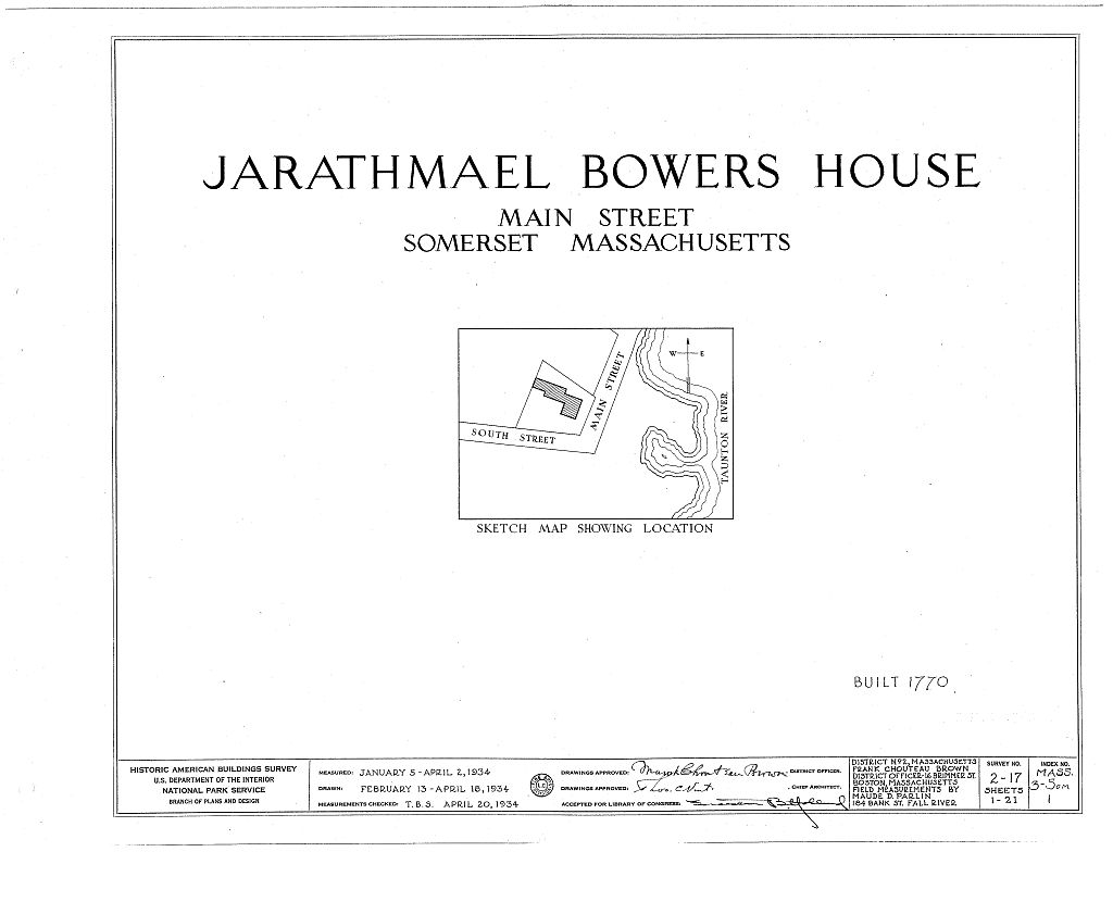 Jarathmael Bowers House, 55 Main Street, Somerset, Bristol County, MA, measured drawing filed with the federal survey
