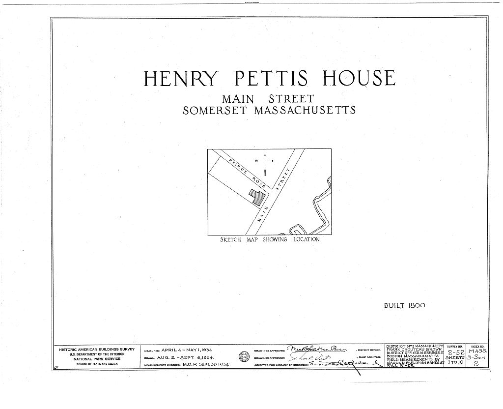 Henry Pettis House, Main Street & Pierce Road, Somerset, Bristol County, MA, measured drawing filed with the federal survey