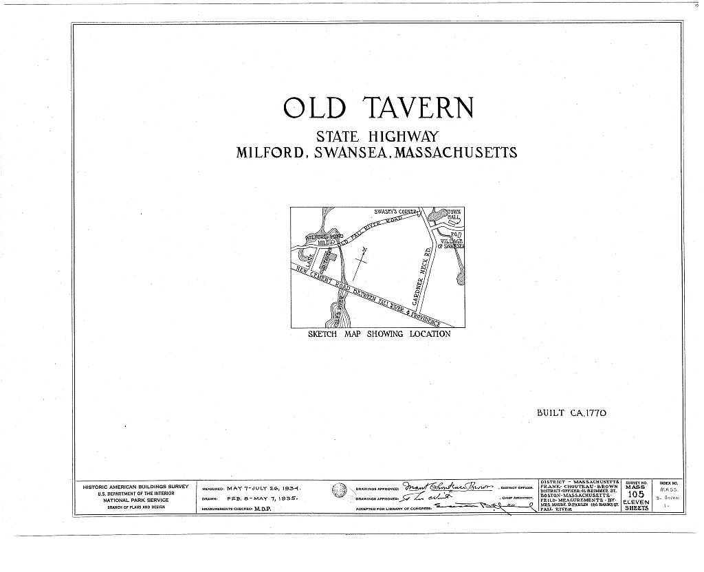 Old Tavern, U.S. Route 6 & Milford Road, Swansea, Bristol County, MA, measured drawing filed with the federal survey