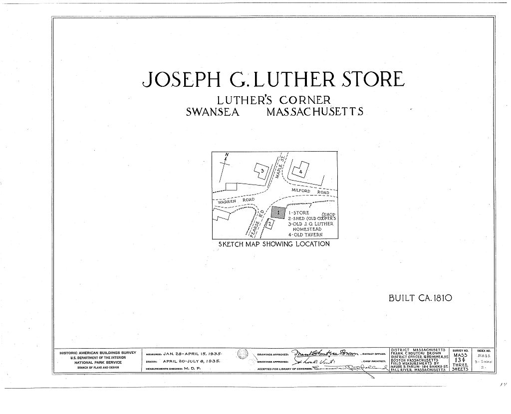 Joseph G. Luther Store, Luther's Corner, Swansea, Bristol County, MA, measured drawing filed with the federal survey