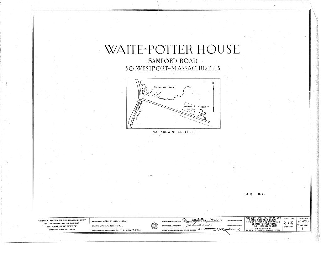 Waite-Potter House, Sanford Road, South Westport, Bristol County, MA, measured drawing filed with the federal survey