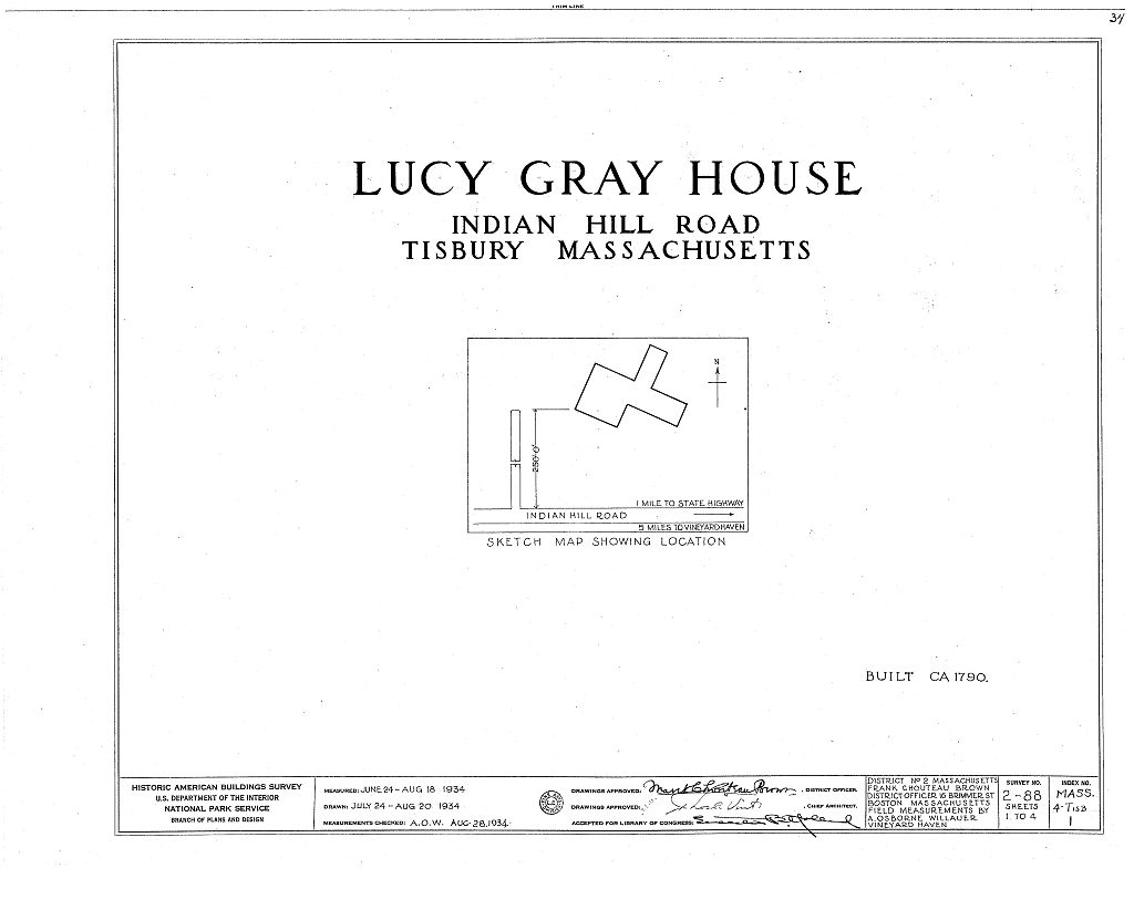 Lucy Gray House, Indian Hill Road, North Tisbury, Dukes County, MA, measured drawing filed with the federal survey