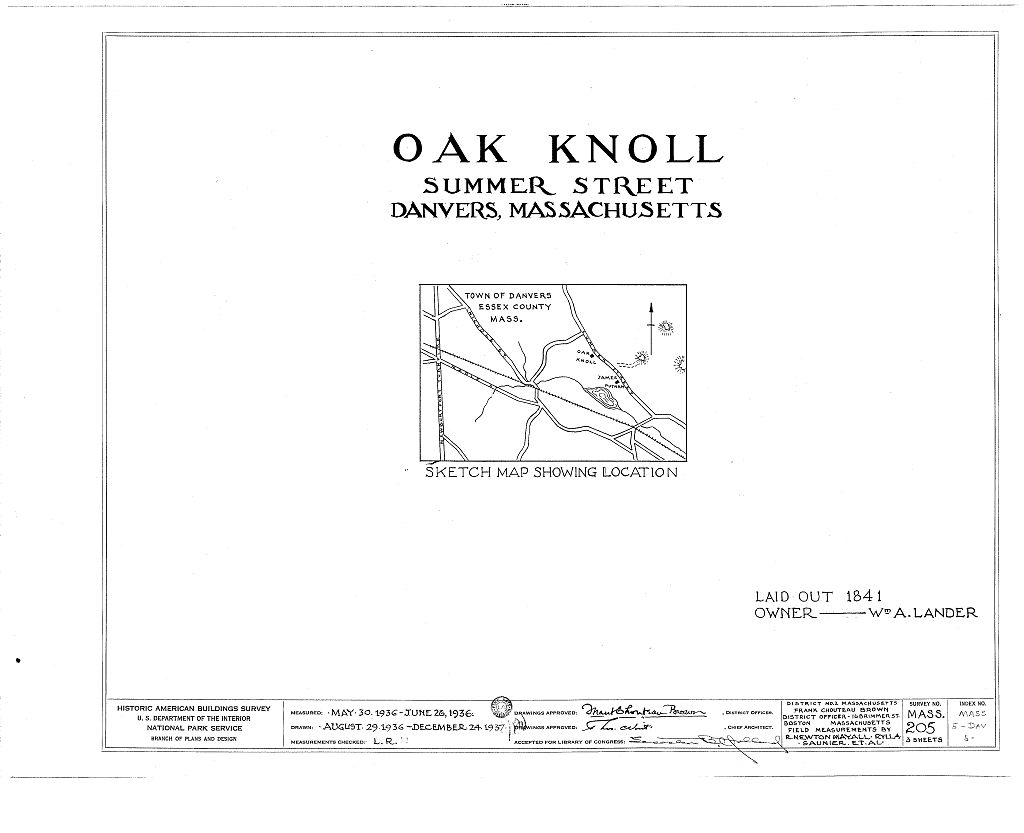 Oak Knoll, Summer Street, Danvers, Essex County, MA, measured drawing filed with the federal survey