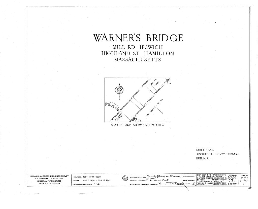 Warner's Bridge, Mill Road, spanning Ipswich River, Hamilton, Essex County, MA, measured drawing filed with the federal survey