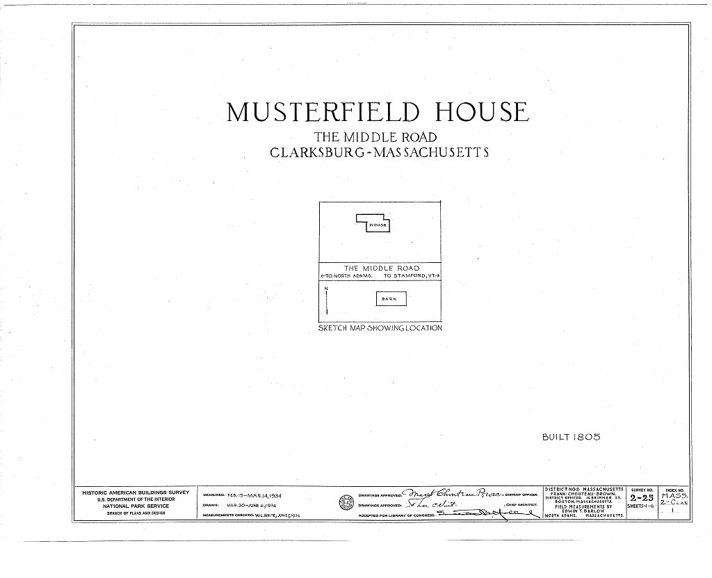 Musterfield House, Middle Road, North Adams, Berkshire County, MA, measured drawing filed with the federal survey