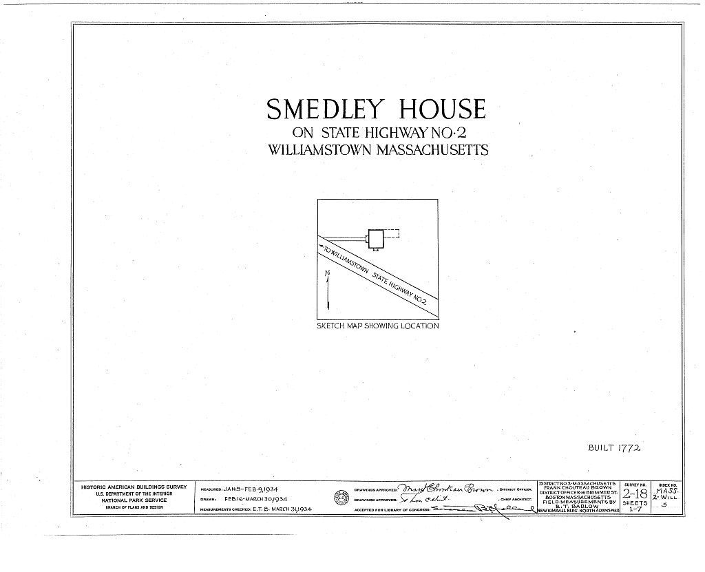 Nehemiah Smedley House, State Route 2, Williamstown, Berkshire County, MA, measured drawing filed with the federal survey