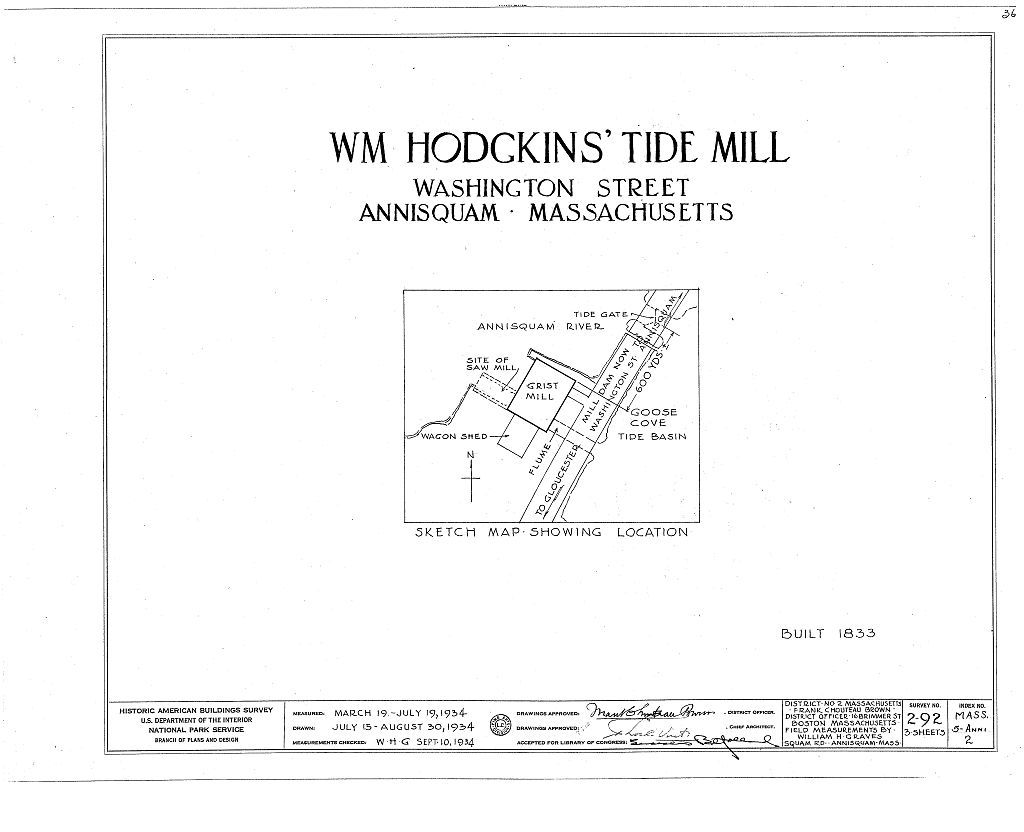 William Hodgkins Tide Mill, Washington Street, Annisquam, Essex County, MA, measured drawing filed with the federal survey