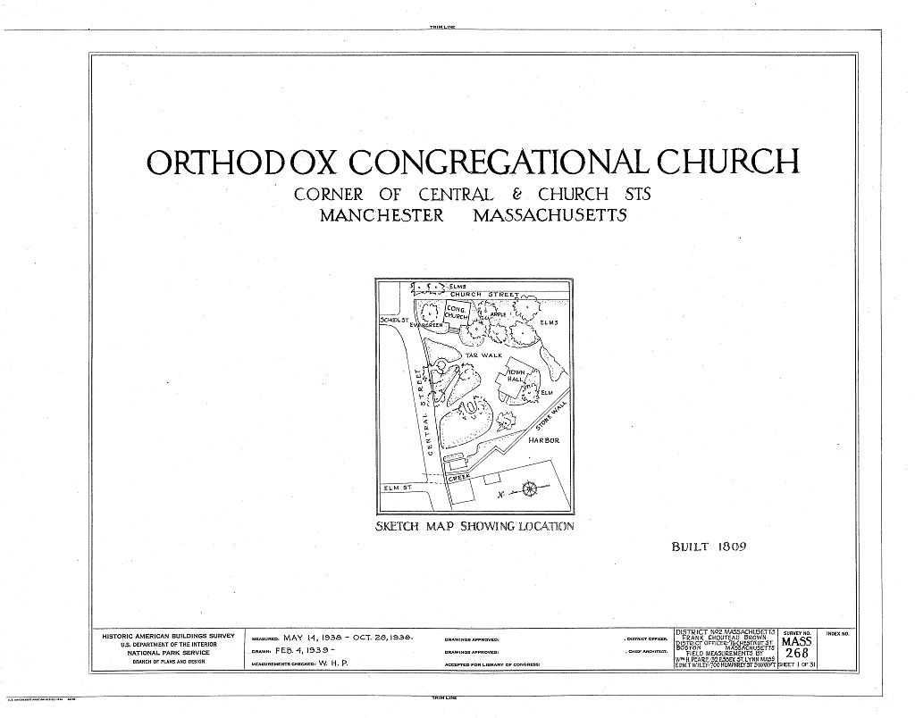 Orthodox Congregational Church, Central & Church Streets, Manchester, Essex County, MA, measured drawing filed with the federal survey