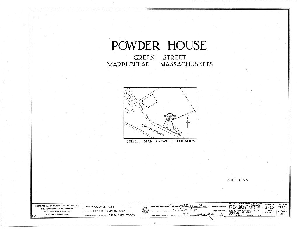 Powder House, Green Street, Marblehead, Essex County, MA, measured drawing filed with the federal survey