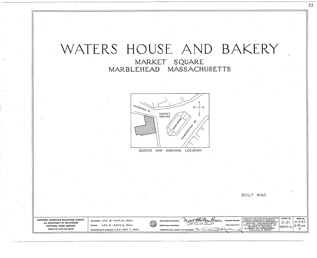 Waters House & Bakery, Washington Street, Marblehead, Essex County, MA, measured drawing filed with the federal survey