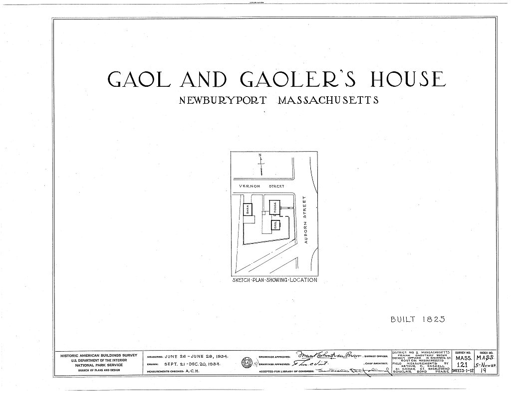 Gaol, Gaoler's House & Barn, Auburn & Vernon Streets, Newburyport, Essex County, MA, measured drawing filed with the federal survey
