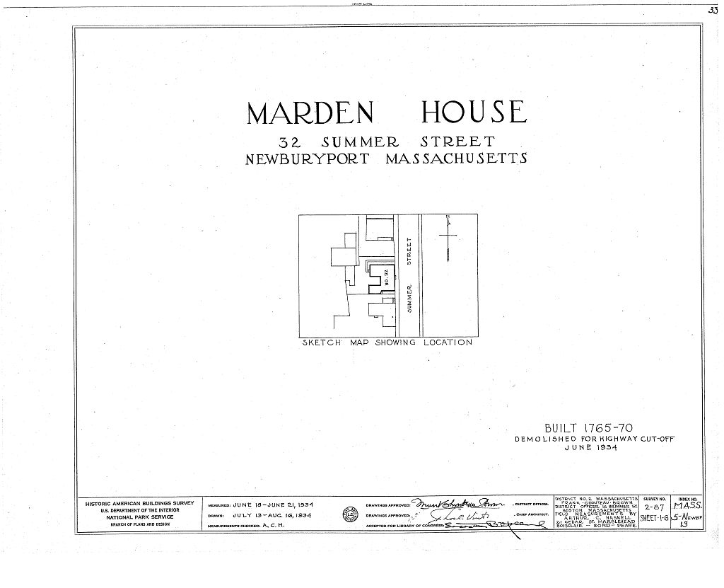 Marden House, 32 Summer Street, Newburyport, Essex County, MA, measured drawing filed with the federal survey