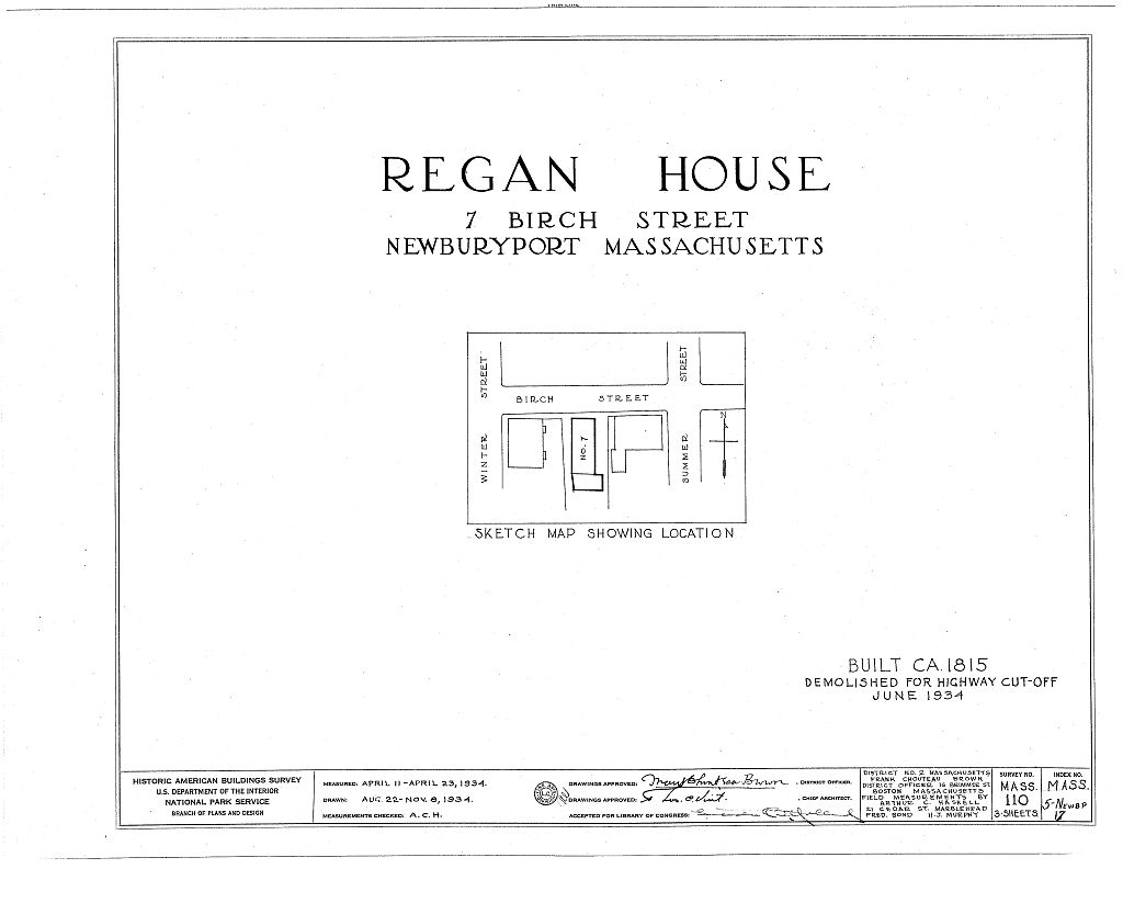 Regan House, 7 Birch Street, Newburyport, Essex County, MA, measured drawing filed with the federal survey