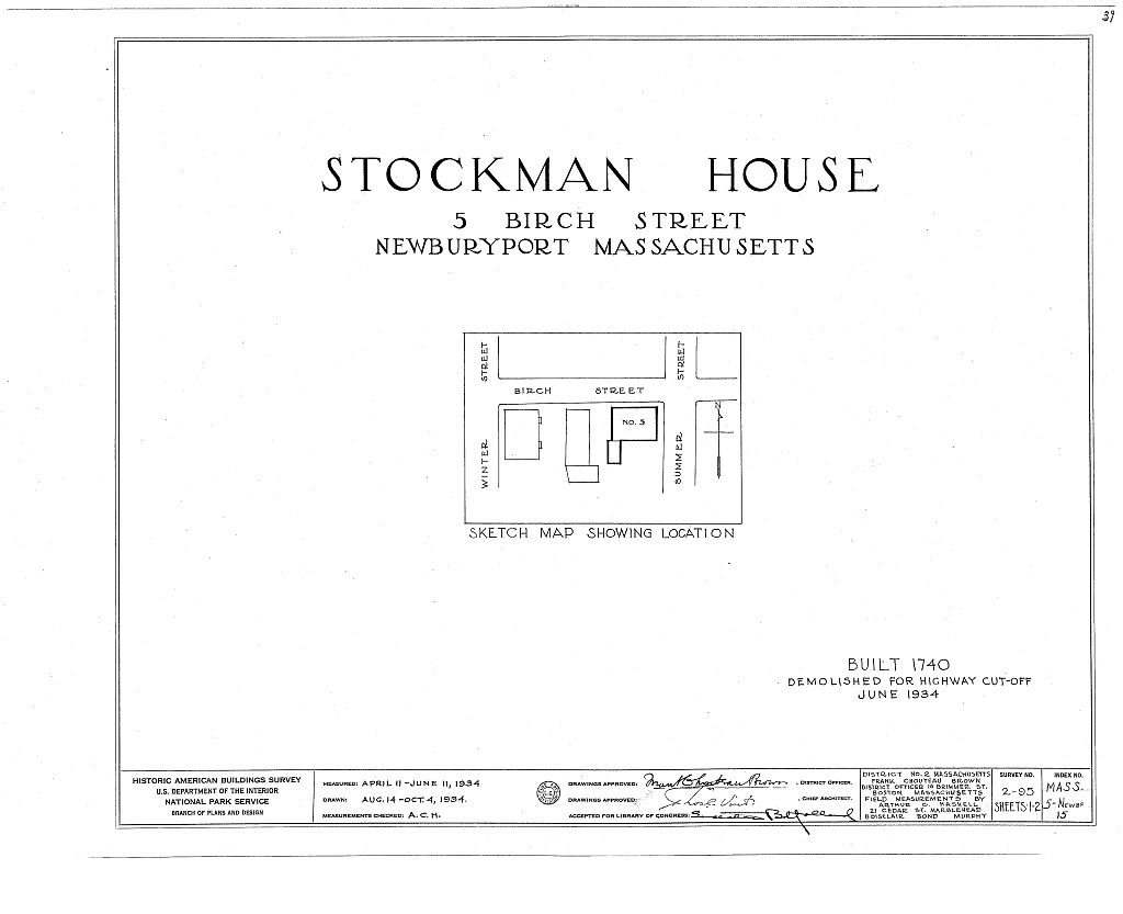 Stockman House, 5 Birch Street, Newburyport, Essex County, MA, measured drawing filed with the federal survey