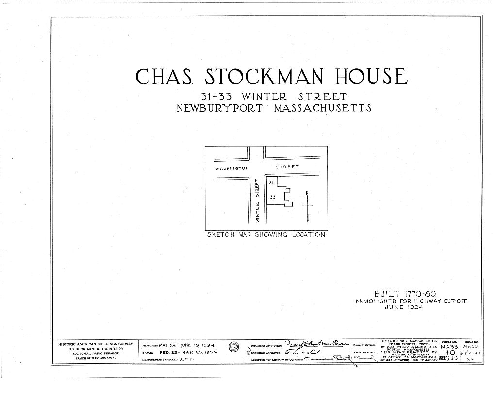 Charles Stockman House, 31-33 Winter Street, Newburyport, Essex County, MA, measured drawing filed with the federal survey