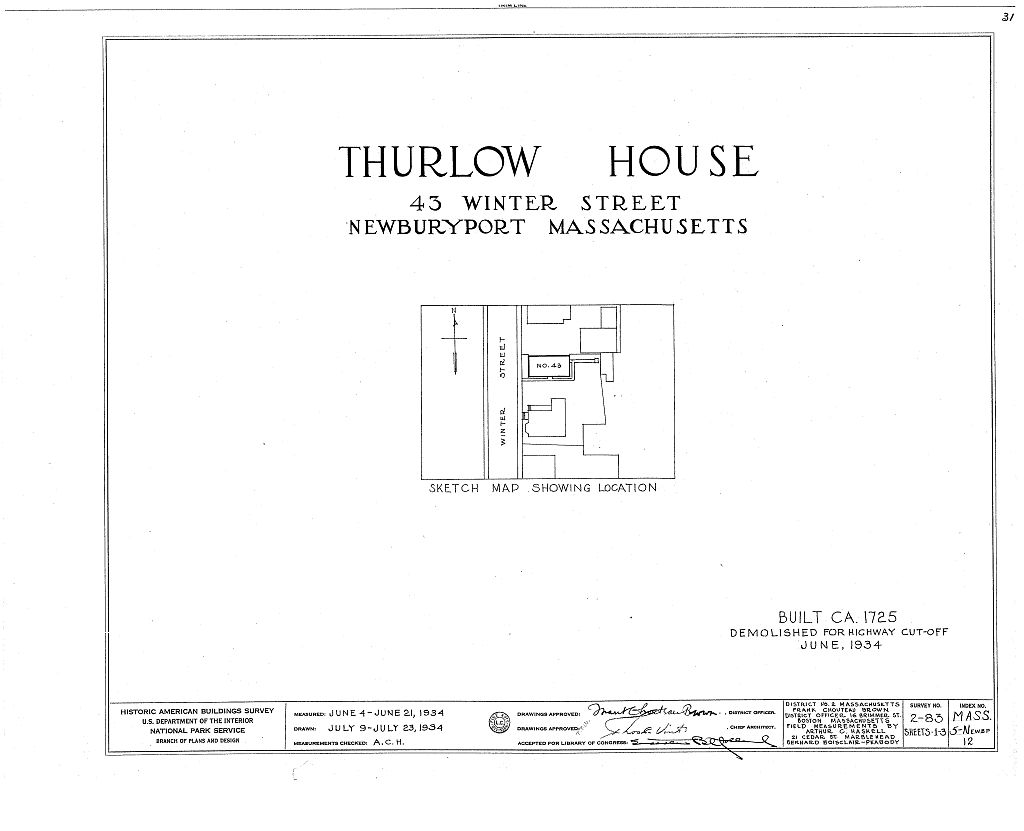 Thurlow House, 43 Winter Street, Newburyport, Essex County, MA, measured drawing filed with the federal survey
