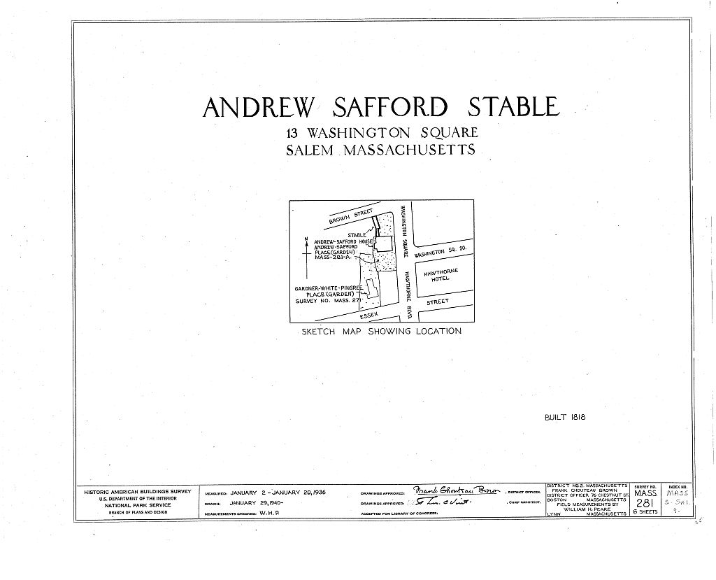 Andrew-Safford Stable, 13 Washington Square, Salem, Essex County, MA, measured drawing filed with the federal survey